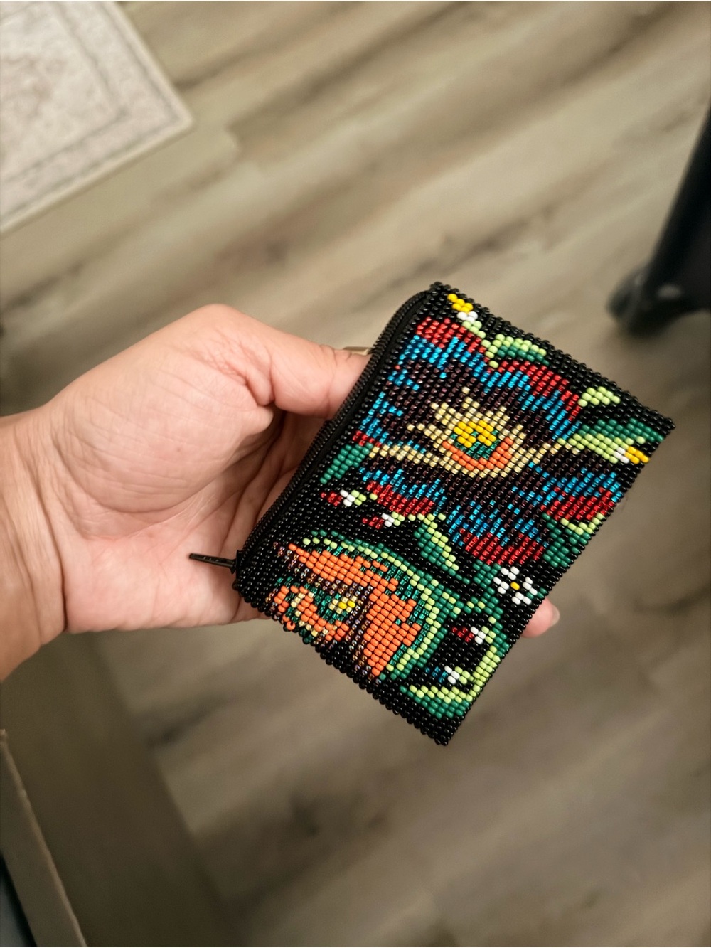 Hand-Beaded Floral Coin Pouch - Black with Multicolor Beads - Picture 2 of 2